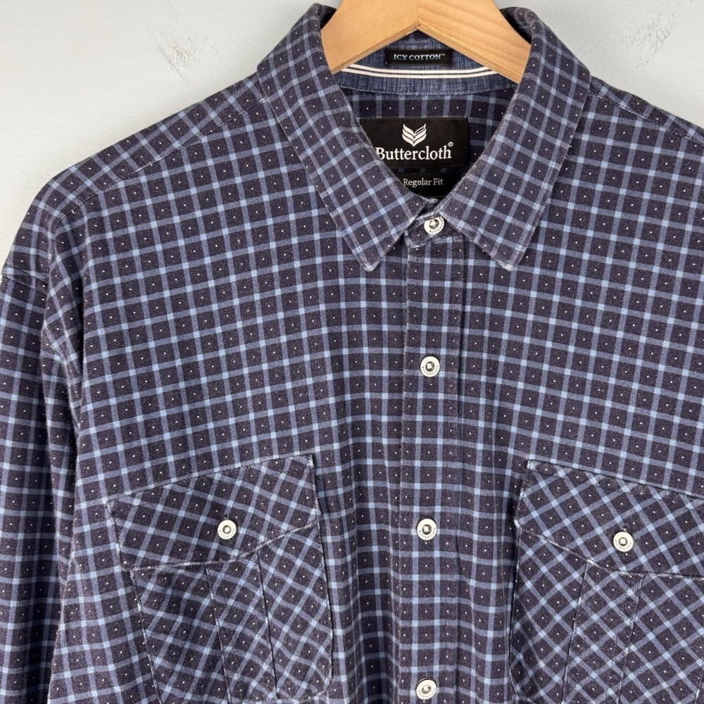 Buttercloth Mens XL Blue Plaid Dots Icy Cotton Regular Fit L/S Button Up Shirt